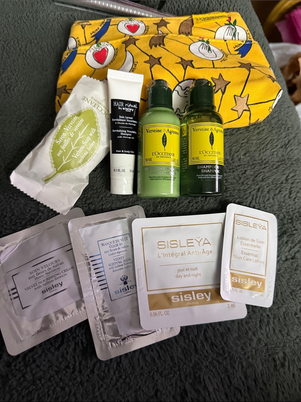 Sisley & L'Occitane Travel Beauty Sample Lot with L’Occitane Yellow Pouch